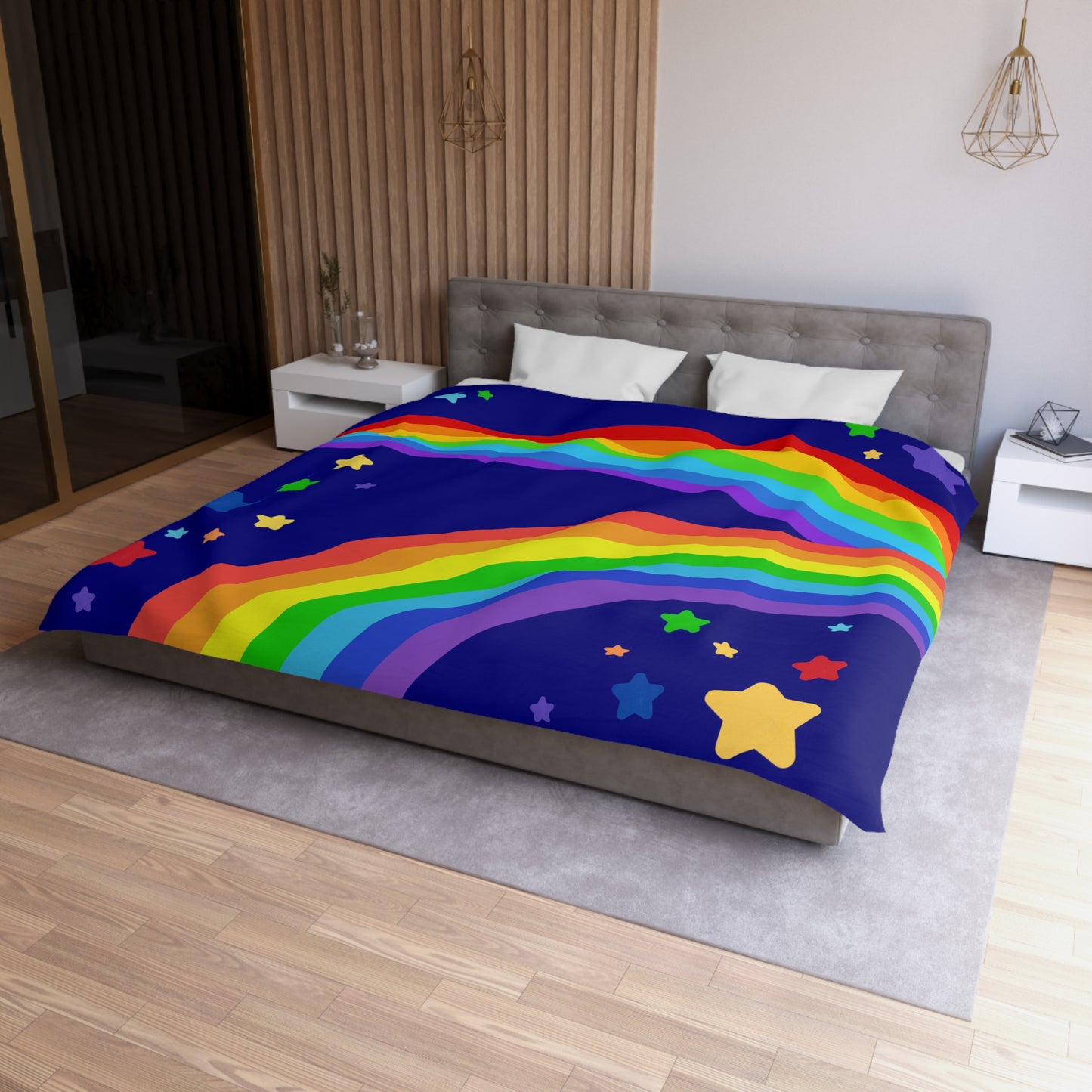Rainbow Brite Inspired, Blue Background- Microfiber Duvet Cover-