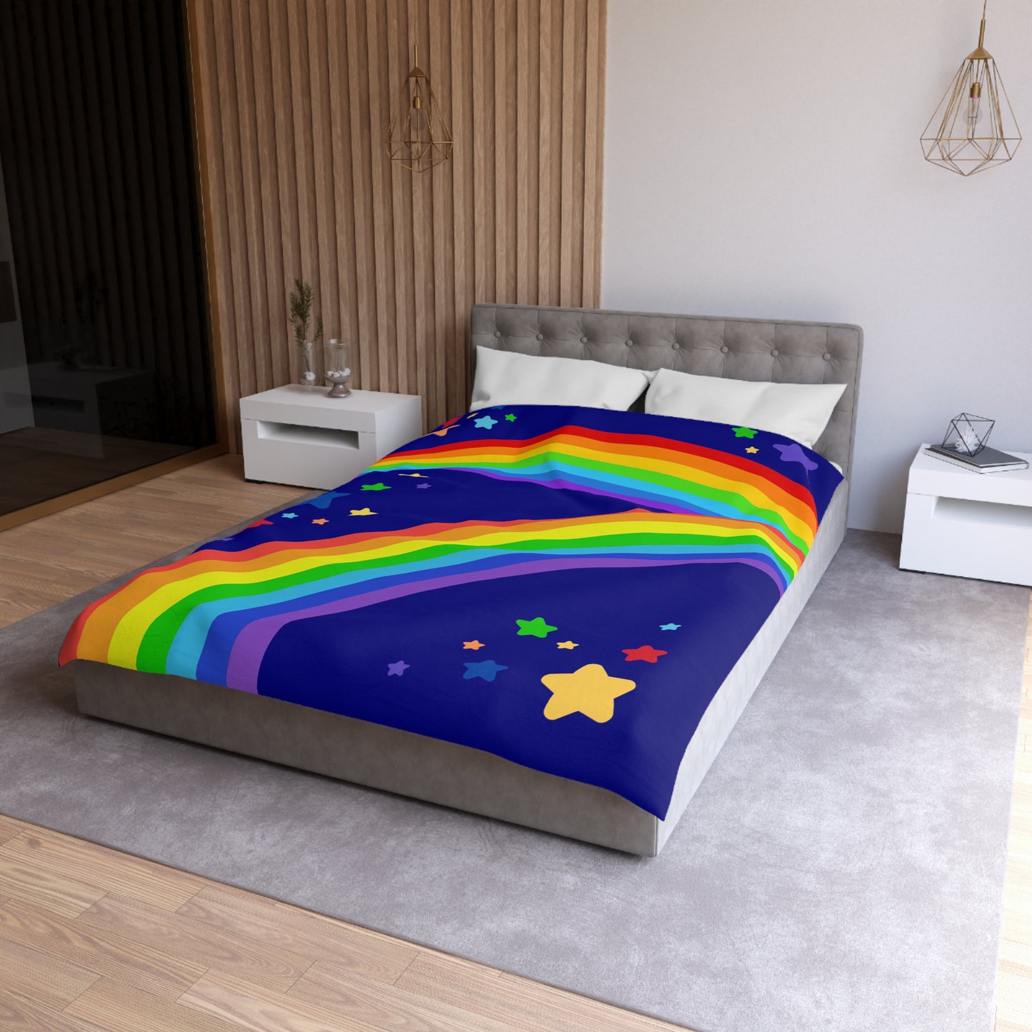 Rainbow Brite Inspired, Blue Background- Microfiber Duvet Cover-