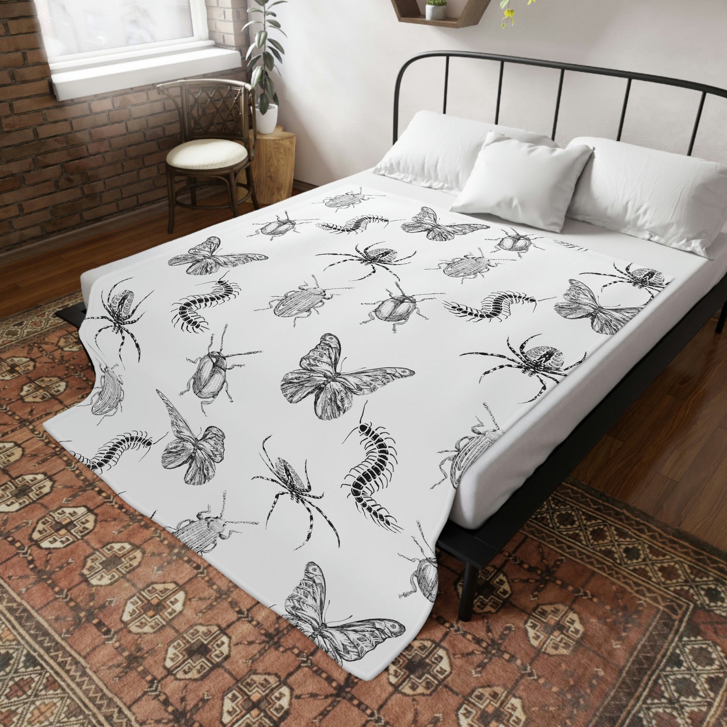 Insects, Bugs, Black and white-Plush Fleece Blanket